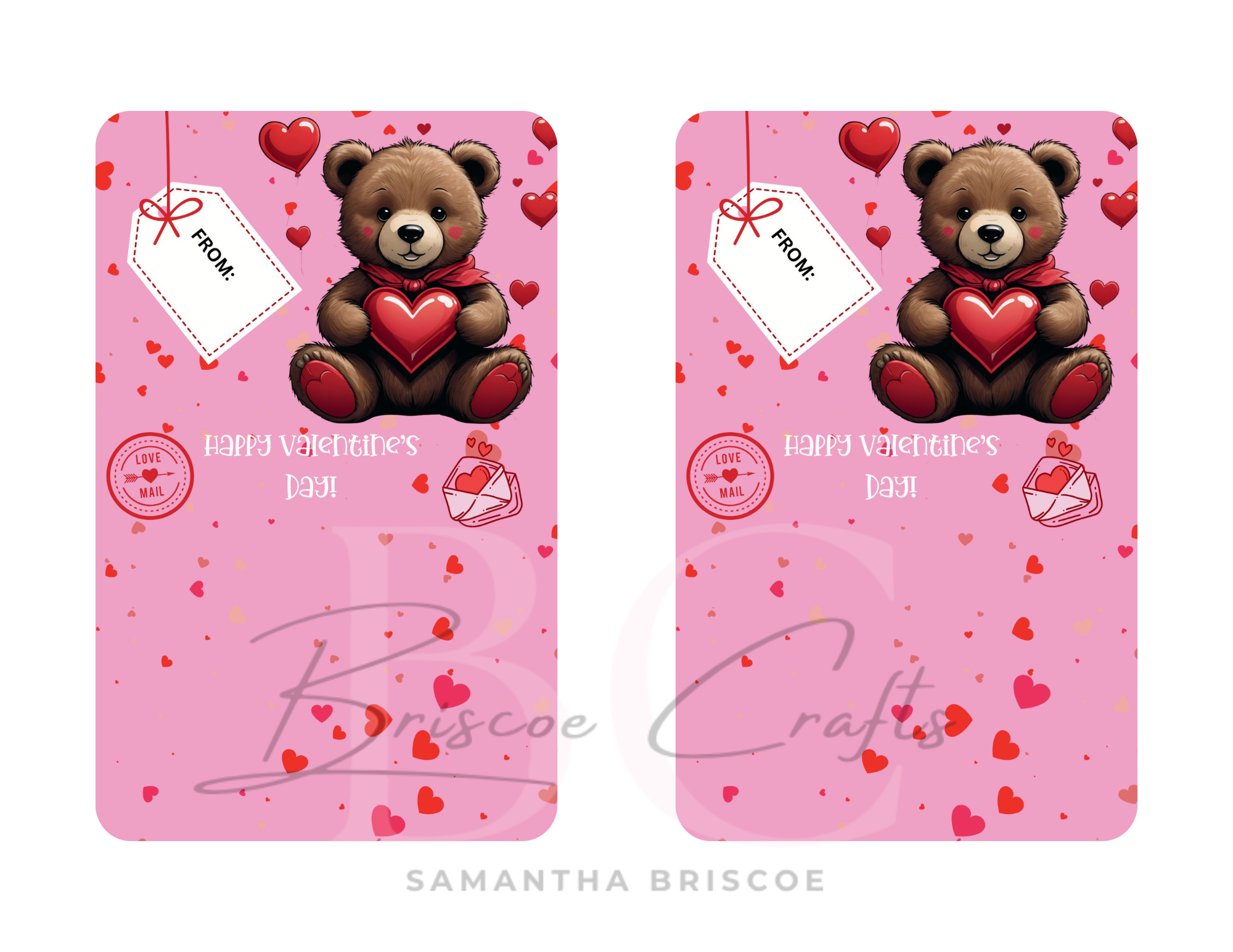 Two pink cards with a teddy bear holding a heart and 'Briscoe Crafts' branding.