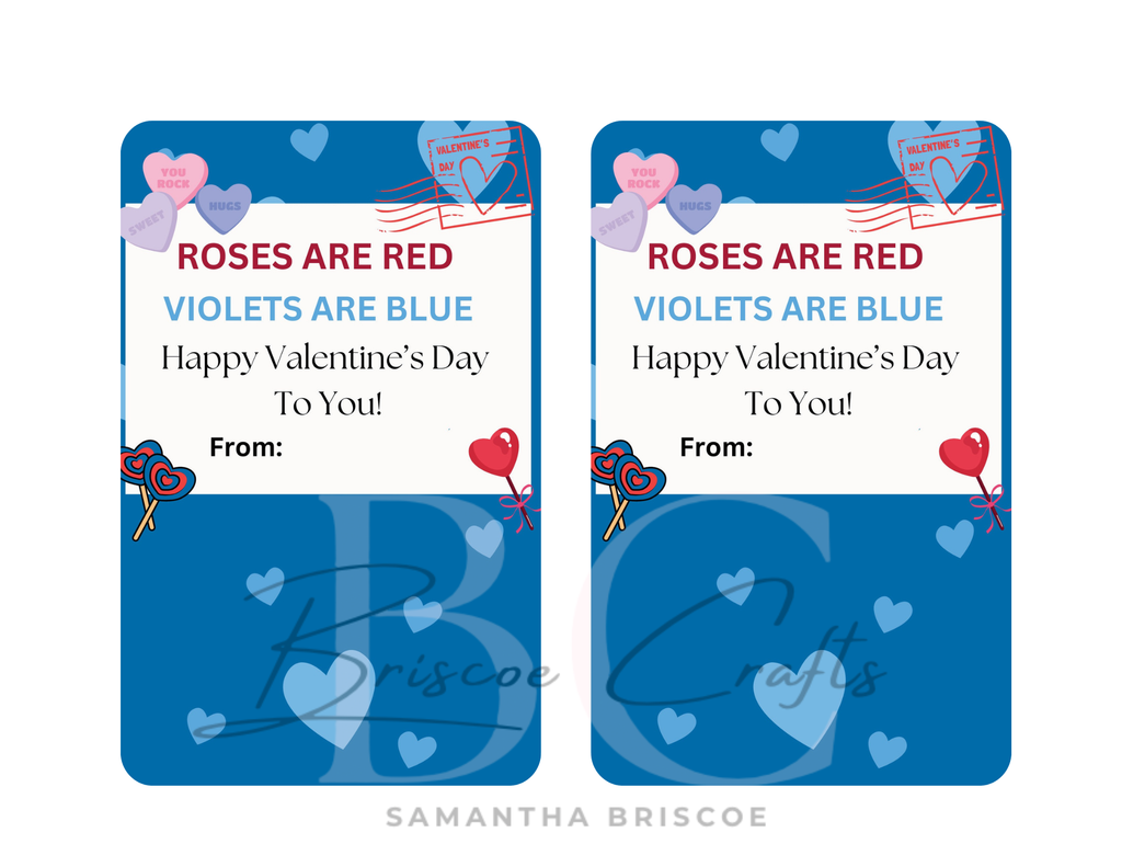 Two Valentine's Day cards with 'Roses are red, violets are blue' text and heart designs on a blue background.