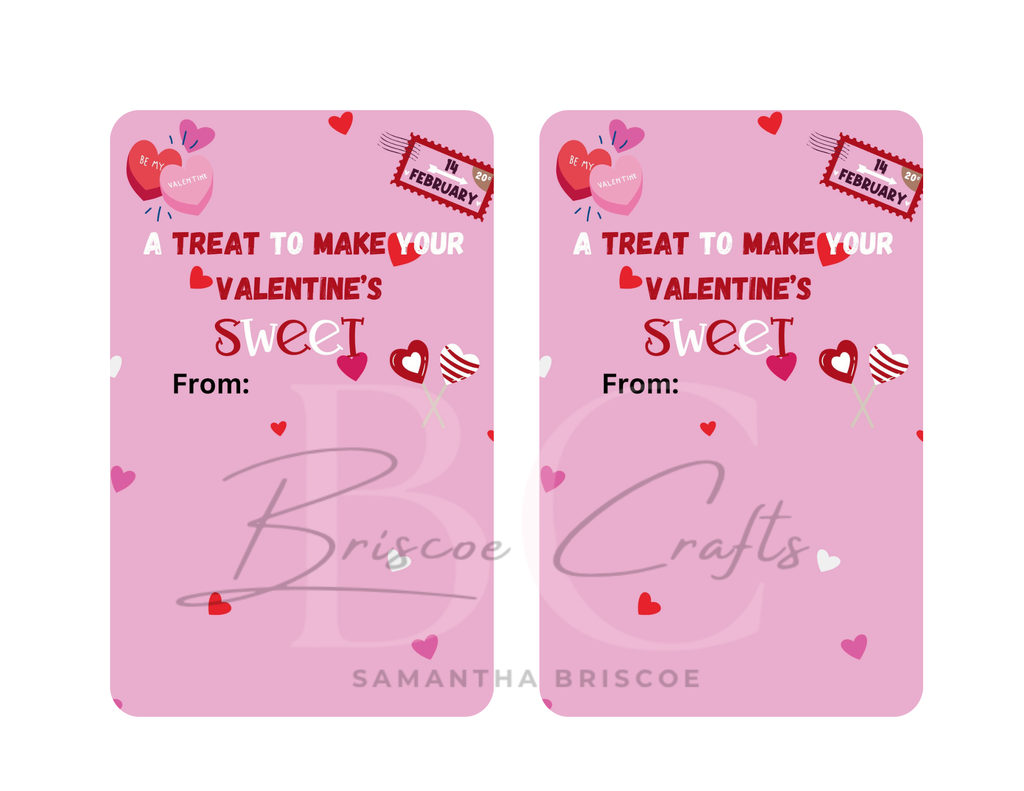 Two pink Valentine's Day cards with decorative text and hearts on a white background.