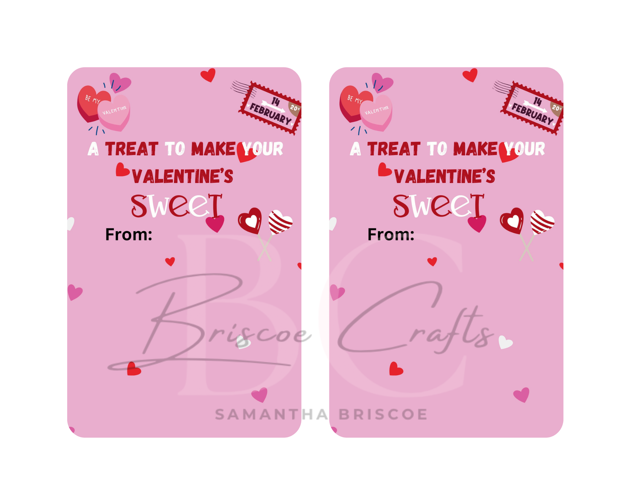 Two pink Valentine's Day cards with decorative text and hearts on a white background.