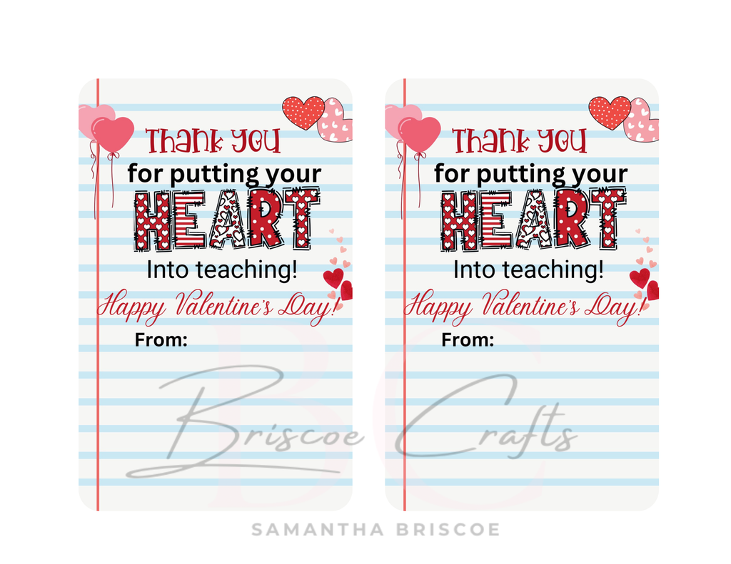 Valentine thank you teacher card with heart design for classroom Valentine gifts
