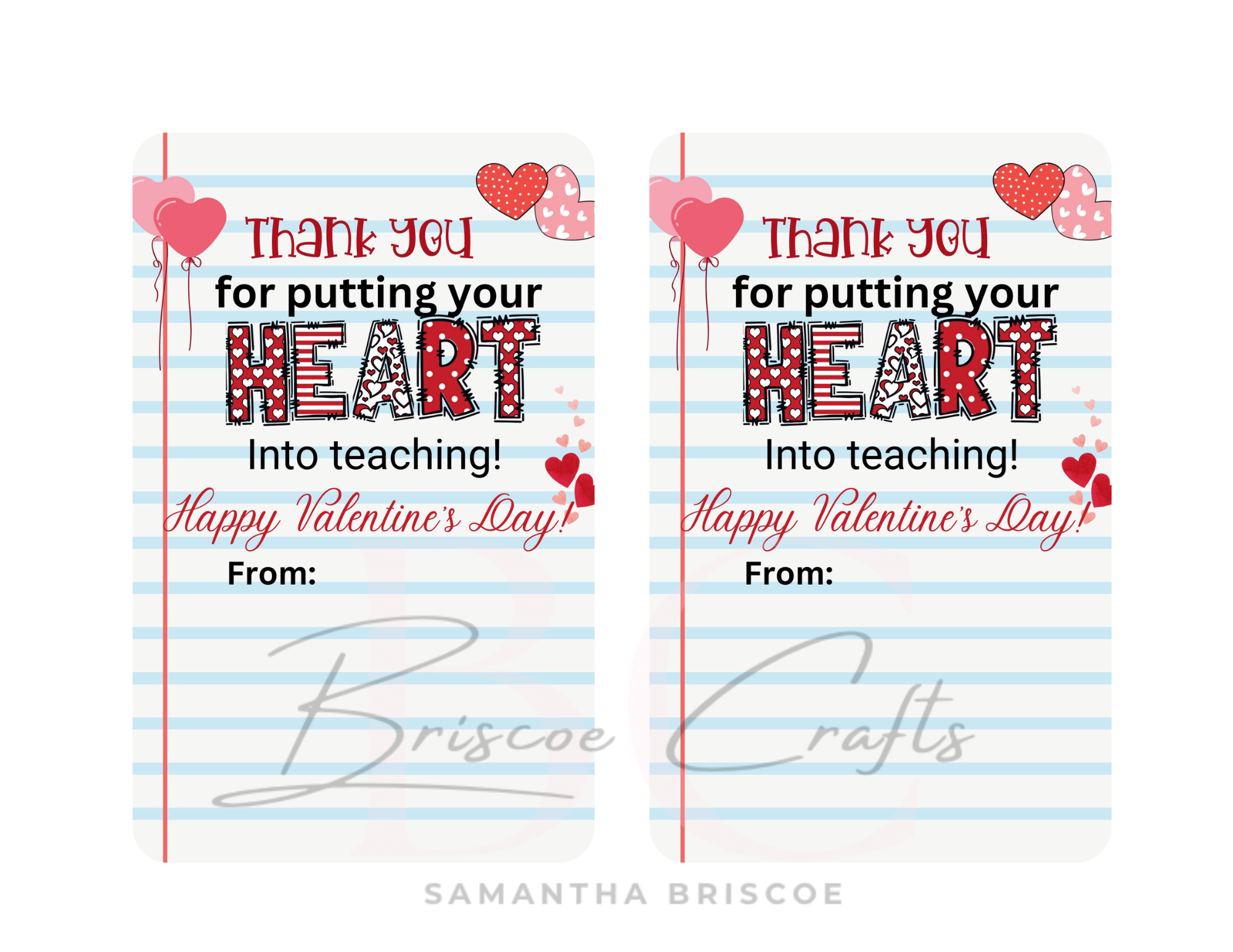 Valentine thank you teacher card with heart design for classroom Valentine gifts