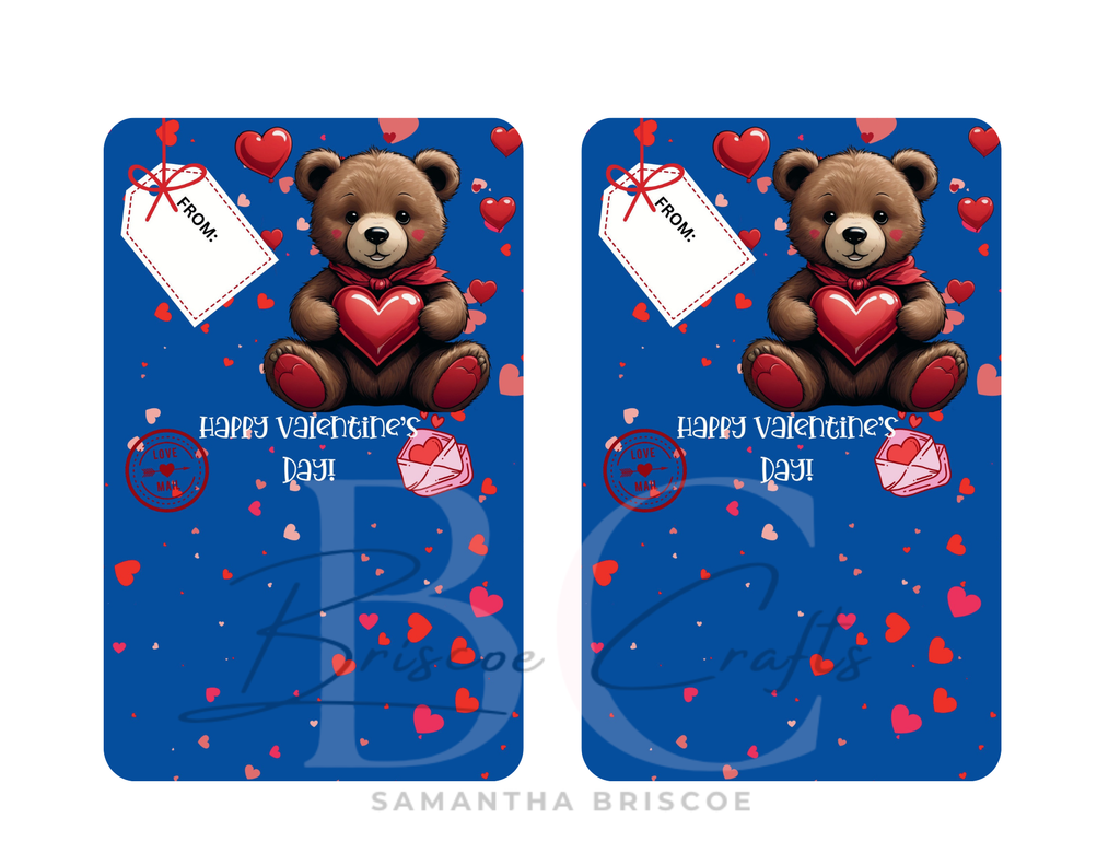 Two Valentine's Day cards with teddy bears holding hearts on a blue background.