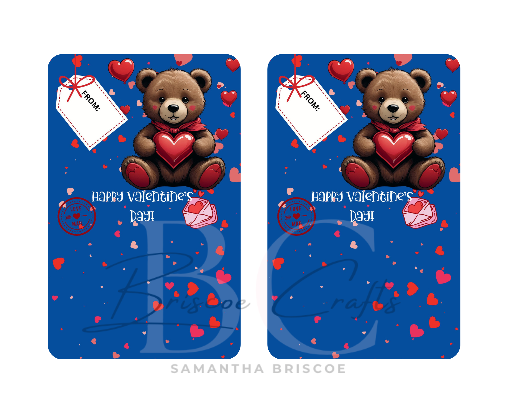 Two Valentine's Day cards with teddy bears holding hearts on a blue background.