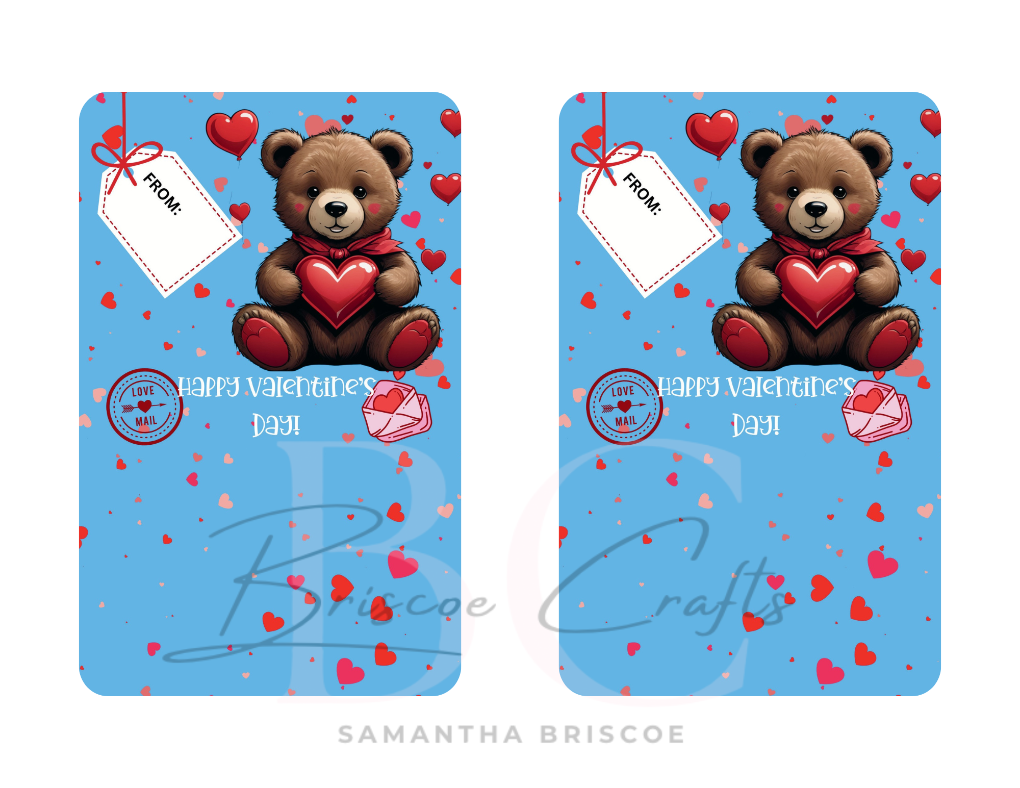 Two Valentine's Day cards with a teddy bear holding a heart on a blue background.