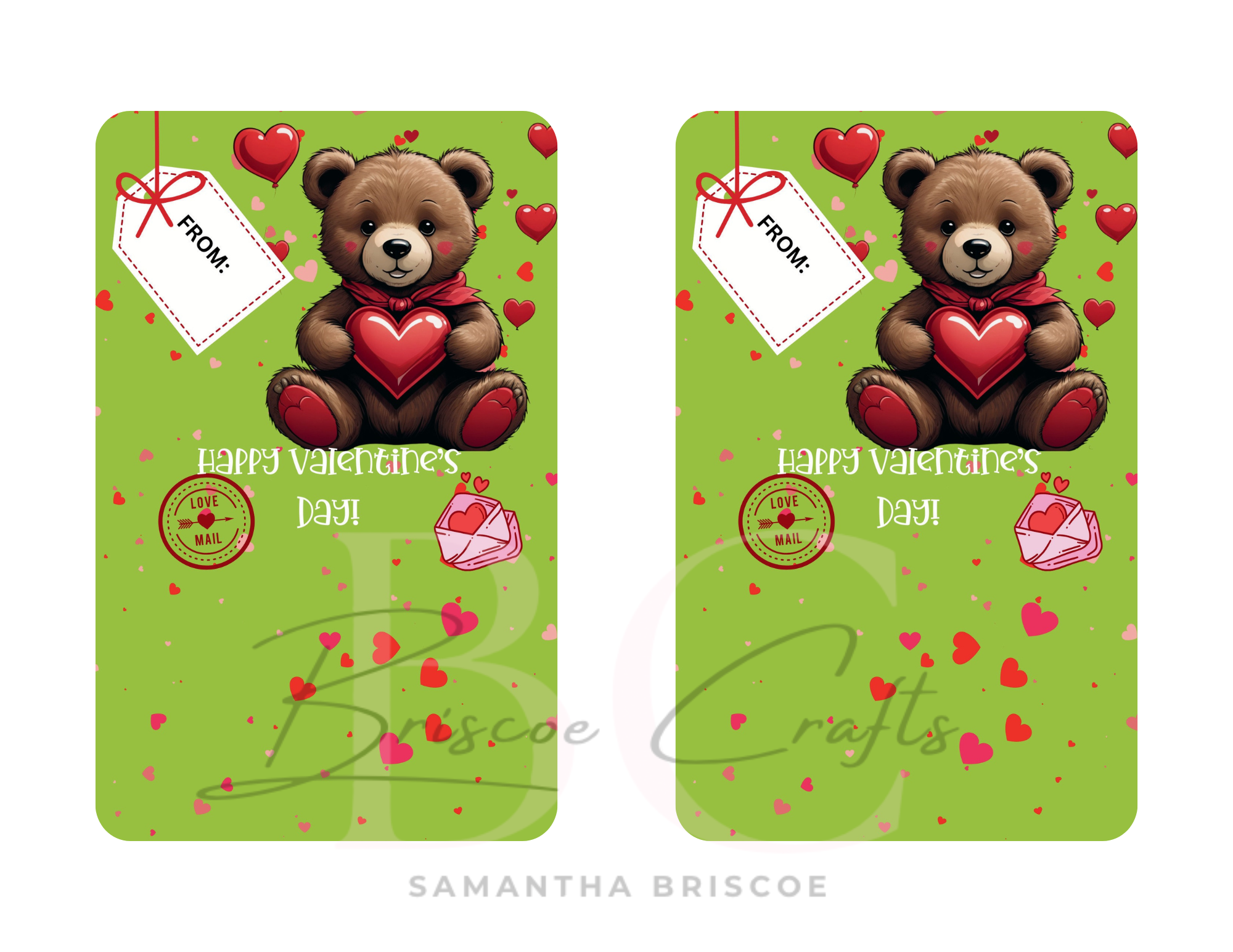 Two Valentine's Day cards with teddy bears holding hearts on a green background.