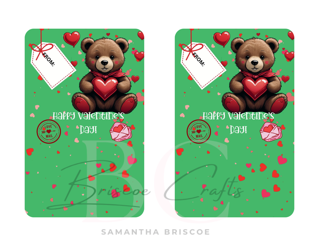 Two Valentine's Day cards with teddy bears and hearts on a green background, featuring Samantha Briscoe's signature.